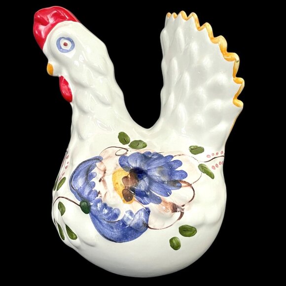 Vintage 1980s Folk Art Portugal Lucky Barcelos Hen Blue & White Ceramic Figurine - Picture 2 of 8